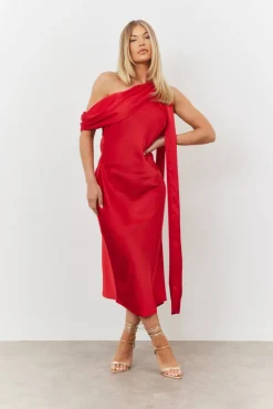 Satin Asymmetric Draped Neckline Midi Dress|In The Style Sale