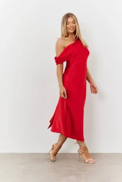 Satin Asymmetric Draped Neckline Midi Dress|In The Style Sale