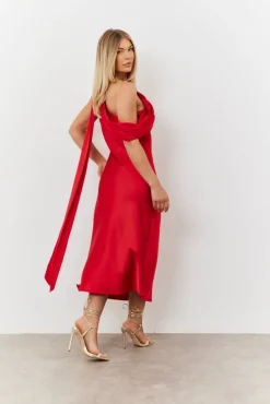 Satin Asymmetric Draped Neckline Midi Dress|In The Style Sale