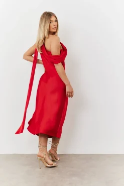 Satin Asymmetric Draped Neckline Midi Dress|In The Style Sale