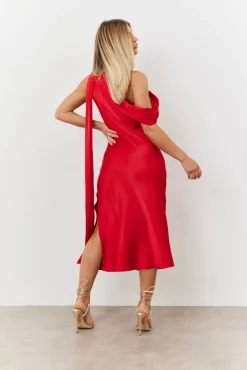 Satin Asymmetric Draped Neckline Midi Dress|In The Style Sale
