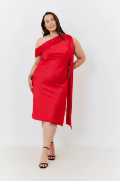 Satin Asymmetric Draped Neckline Midi Dress|In The Style Sale