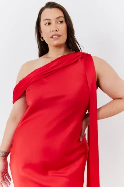 Satin Asymmetric Draped Neckline Midi Dress|In The Style Sale