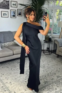 Satin Asymmetric Draped Neckline Maxi Dress|In The Style Clearance