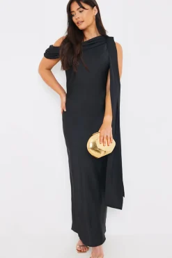 Satin Asymmetric Draped Neckline Maxi Dress|In The Style Clearance
