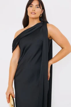 Satin Asymmetric Draped Neckline Maxi Dress|In The Style Clearance