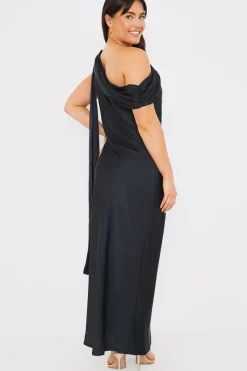 Satin Asymmetric Draped Neckline Maxi Dress|In The Style Clearance