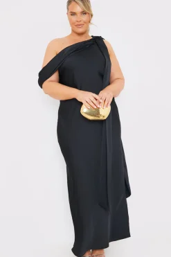 Satin Asymmetric Draped Neckline Maxi Dress|In The Style Clearance