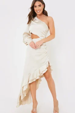 Satin Asymmetric Frill Maxi Dress|In the Style