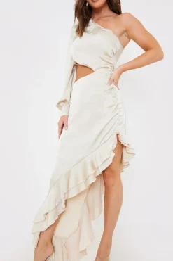 Satin Asymmetric Frill Maxi Dress|In the Style