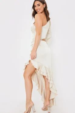 Satin Asymmetric Frill Maxi Dress|In the Style