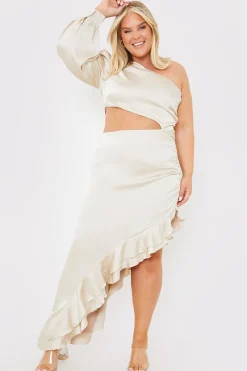 Satin Asymmetric Frill Maxi Dress|In the Style