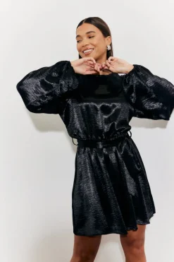 Satin Balloon Sleeve Belted Mini Dress|In the Style Outlet