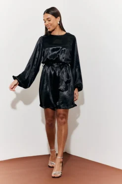 Satin Balloon Sleeve Belted Mini Dress|In the Style Outlet