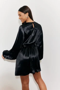 Satin Balloon Sleeve Belted Mini Dress|In the Style Outlet