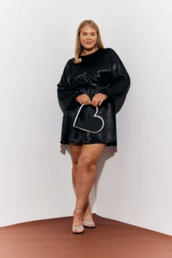 Satin Balloon Sleeve Belted Mini Dress|In the Style Outlet