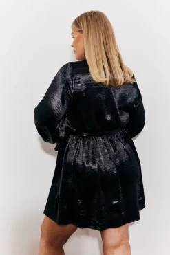Satin Balloon Sleeve Belted Mini Dress|In the Style Outlet