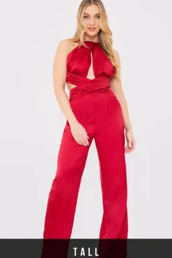 Satin Cut Out Detail Wide Leg Jumpsuit|In The Style Hot