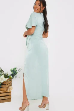 Satin Flutter Sleeve Ruched Detail Maxi Dress|In The Style New