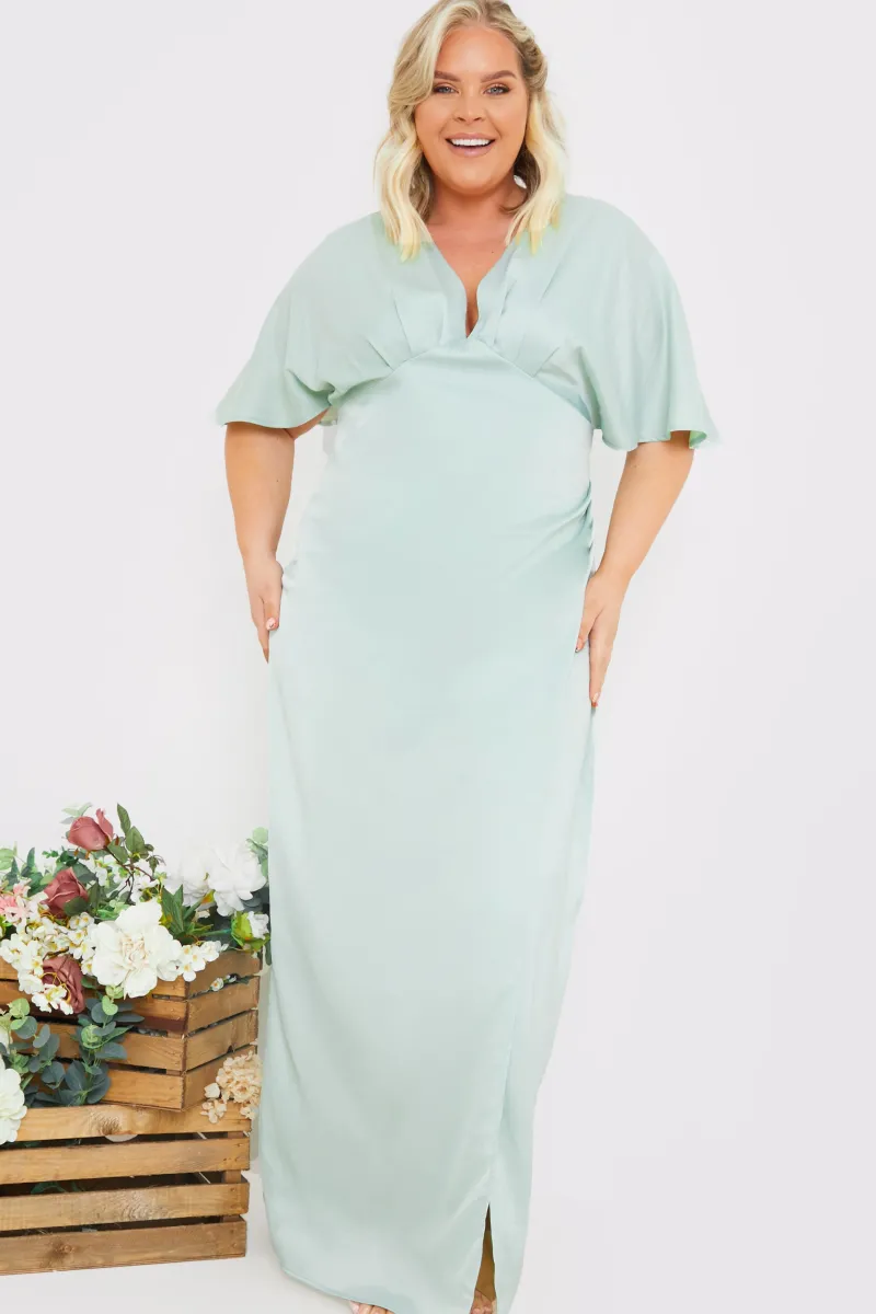 Satin Flutter Sleeve Ruched Detail Maxi Dress|In The Style New