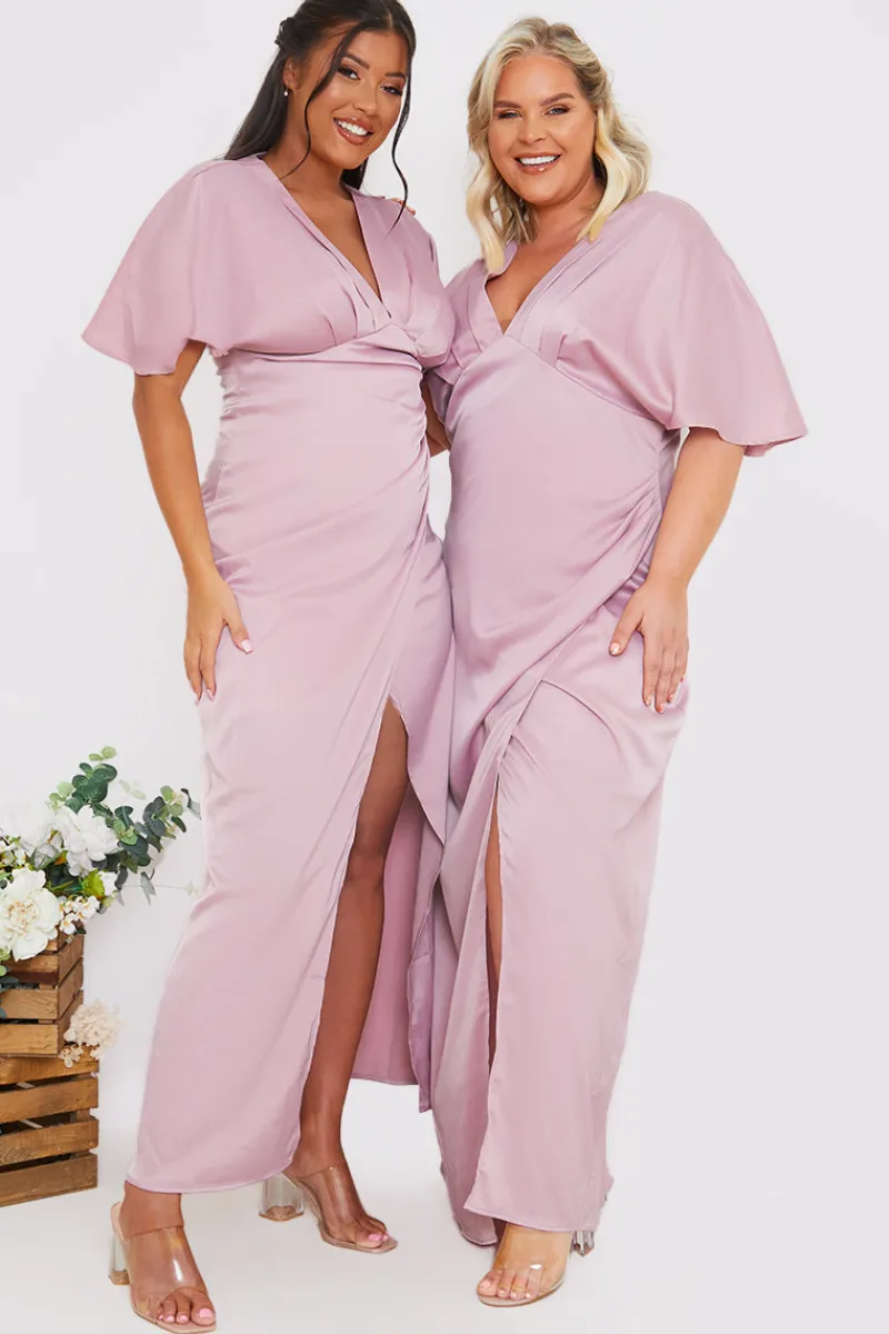 Satin Flutter Sleeve Ruched Detail Maxi Dress|In The Style New