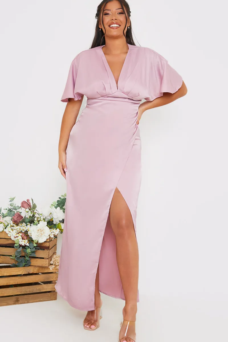 Satin Flutter Sleeve Ruched Detail Maxi Dress|In The Style New