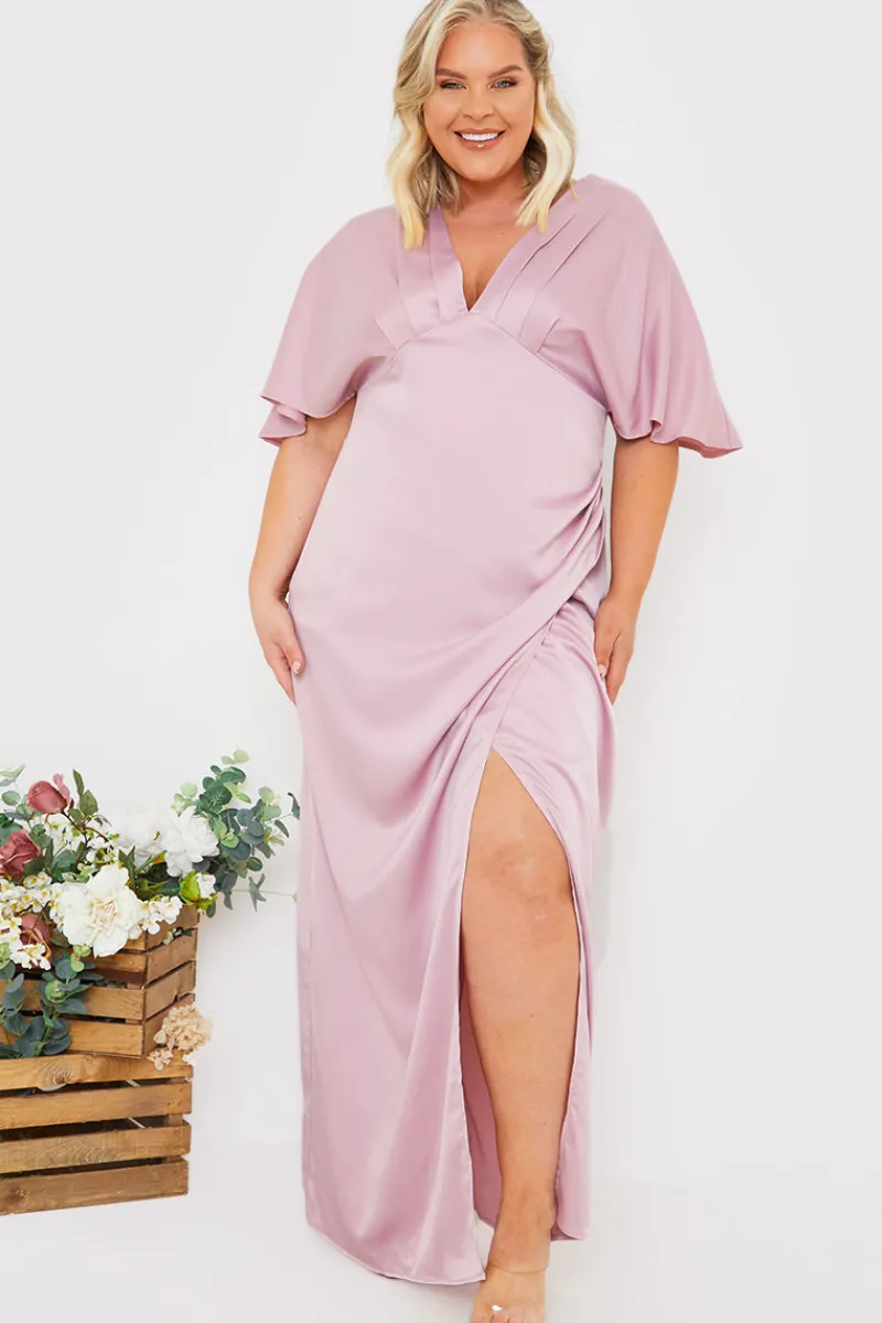 Satin Flutter Sleeve Ruched Detail Maxi Dress|In The Style New