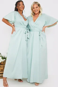 Satin Flutter Sleeve Tie Waist Wrap Dress|In The Style