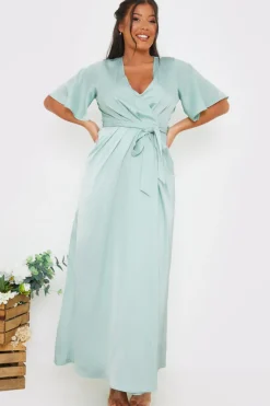 Satin Flutter Sleeve Tie Waist Wrap Dress|In The Style