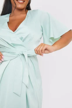 Satin Flutter Sleeve Tie Waist Wrap Dress|In The Style