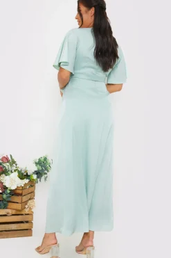 Satin Flutter Sleeve Tie Waist Wrap Dress|In The Style