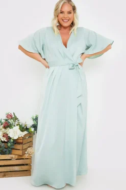 Satin Flutter Sleeve Tie Waist Wrap Dress|In The Style