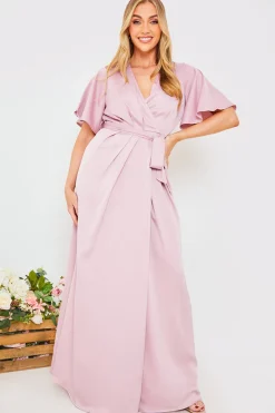 Satin Flutter Sleeve Tie Waist Wrap Dress|In The Style