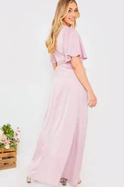 Satin Flutter Sleeve Tie Waist Wrap Dress|In The Style