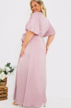 Satin Flutter Sleeve Tie Waist Wrap Dress|In The Style