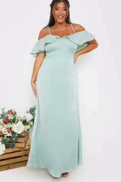 Satin Frill Off The Shoulder Maxi Dress|In The Style Clearance