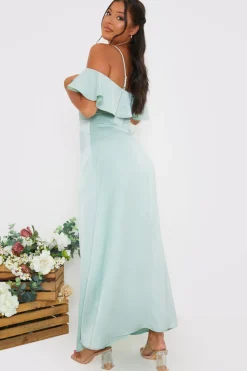 Satin Frill Off The Shoulder Maxi Dress|In The Style Clearance