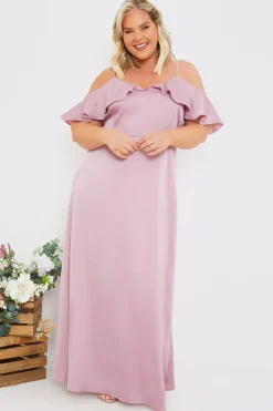 Satin Frill Off The Shoulder Maxi Dress|In The Style Clearance
