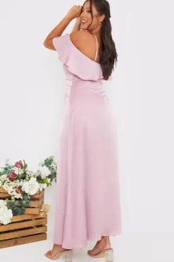 Satin Frill Off The Shoulder Maxi Dress|In The Style Clearance