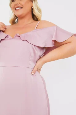 Satin Frill Off The Shoulder Maxi Dress|In The Style Clearance