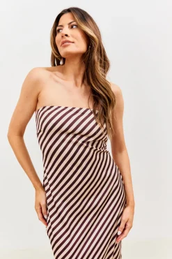 Satin Stripe Bandeau Maxi Dress|In the Style Outlet