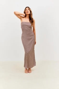 Satin Stripe Bandeau Maxi Dress|In the Style Outlet