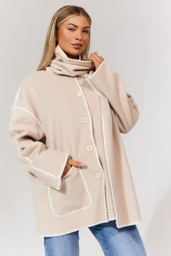 Scarf Detail Contrast Stitching Wool Blend Coat|In the Style Clearance