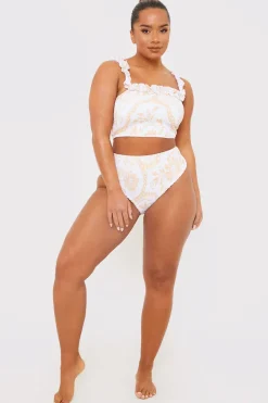 Scarf Print Ruffle Bardot Shirred Bikini Top|In the Style
