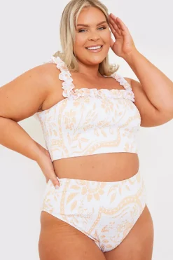 Scarf Print Ruffle Bardot Shirred Bikini Top|In the Style