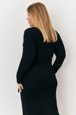 Scoop Neck Ribbed Long Sleeve Bodycon Wrap Midi Dress|In the Style Discount
