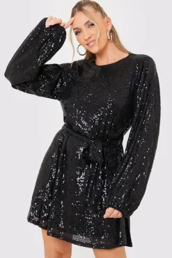 Sequin Belted Balloon Sleeve Mini Dress|In the Style Best