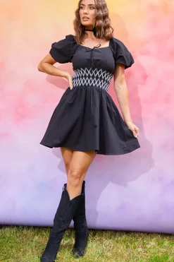 Short Sleeve Milkmaid Dress With Embroidery Detail|In the Style Discount