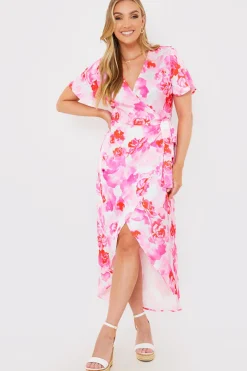 Short Sleeve Satin Wrap Belted Midaxi Dress|In the Style Outlet