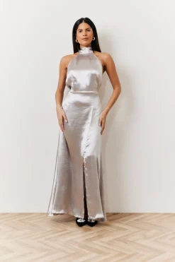 Liquid Satin Halterneck Split Detail Maxi Dress|In The Style Hot